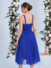 SHEIN Belle Solid Mesh Overlay Cami Dress, Semi Formal Dress - Royal Blue - View 2