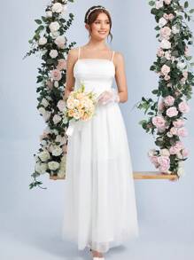 SHEIN Belle 網紗覆蓋吊帶婚紗連衣裙無手套 - 白色 - 查看 3