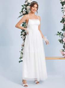 SHEIN Belle 網紗覆蓋吊帶婚紗連衣裙無手套 - 白色 - 查看 1