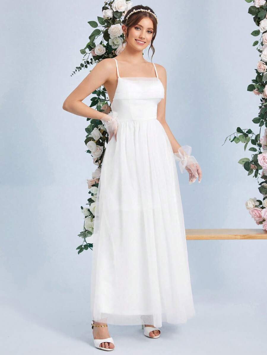 SHEIN Belle 網紗覆蓋吊帶婚紗連衣裙無手套 - 白色 - 查看 1
