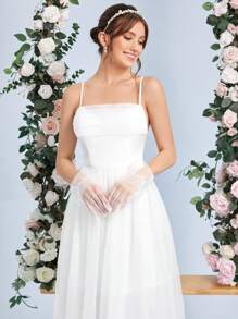 SHEIN Belle 網紗覆蓋吊帶婚紗連衣裙無手套 - 白色 - 查看 5