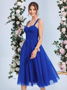 SHEIN Belle Solid Mesh Overlay Cami Dress, Semi Formal Dress - Royal Blue - View 5