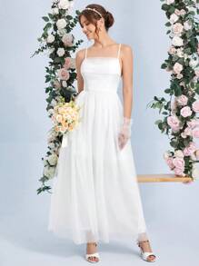 SHEIN Belle 網紗覆蓋吊帶婚紗連衣裙無手套 - 白色 - 查看 4