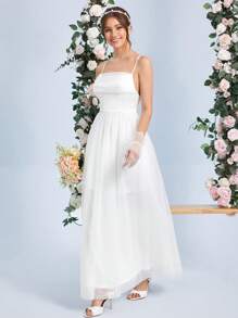 SHEIN Belle 網紗覆蓋吊帶婚紗連衣裙無手套 - 白色 - 查看 7