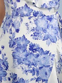 SHEIN Belle 印花荷葉邊圍裹下擺伴娘連衣裙 - 藍白色 - 查看 5