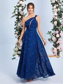 SHEIN Belle 單肩花卉圖案提花連衣裙 - 藍色 - 查看 1