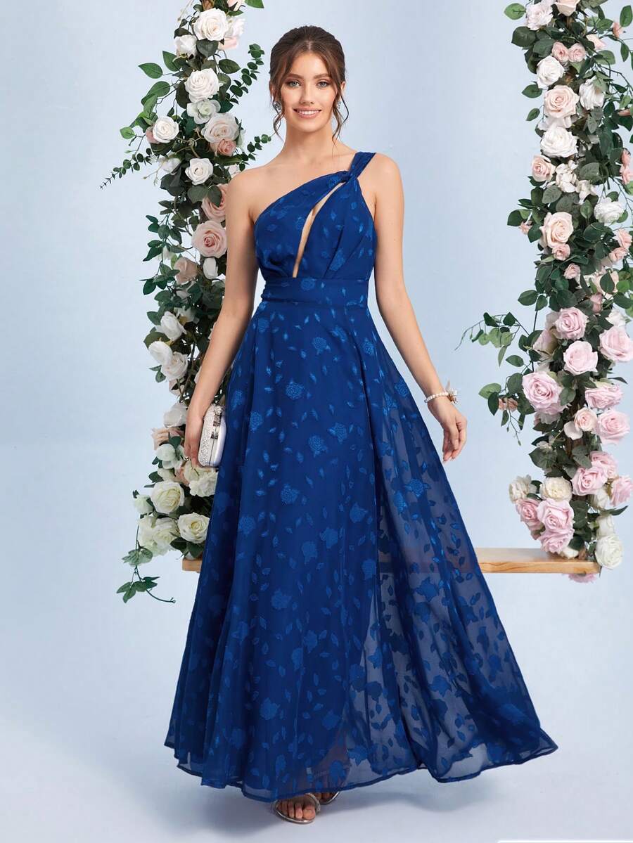 SHEIN Belle 單肩花卉圖案提花連衣裙 - 藍色 - 查看 1