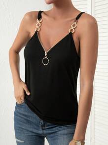 SHEIN Privé Áo khoác và áo lót dành cho xe tăng nữ Chuỗi Nhẫn Dây kéo màu trơn Giải trí - màu đen - Xem 3