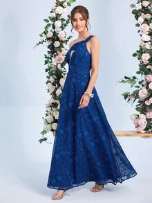 SHEIN Belle 單肩花卉圖案提花連衣裙 - 藍色 - 查看 5