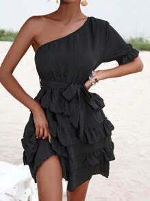 SHEIN Frenchy Đầm Thắt lưng Viên lá sen phân lớp màu trơn Giải trí - màu đen - Xem 4