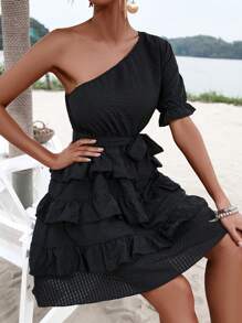 SHEIN Frenchy Đầm Thắt lưng Viên lá sen phân lớp màu trơn Giải trí - màu đen - Xem 5