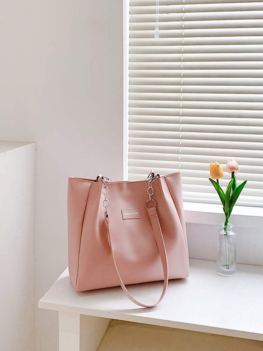 Small Shoulder Tote Bag Pink Letter Patch Decor Zipper PU - Pink - View 1