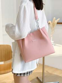 Small Shoulder Tote Bag Pink Letter Patch Decor Zipper PU - Pink - View 2