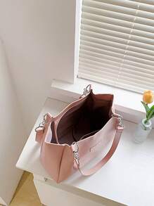 Small Shoulder Tote Bag Pink Letter Patch Decor Zipper PU - Pink - View 3