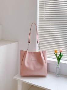 Small Shoulder Tote Bag Pink Letter Patch Decor Zipper PU - Pink - View 5