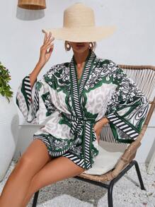 Floral Print Belted Kimono - Multicolor - View 5