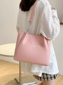 Small Shoulder Tote Bag Pink Letter Patch Decor Zipper PU - Pink - View 7