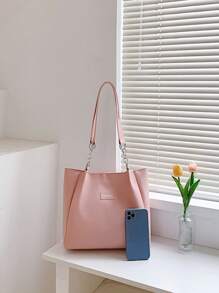 Small Shoulder Tote Bag Pink Letter Patch Decor Zipper PU - Pink - View 8