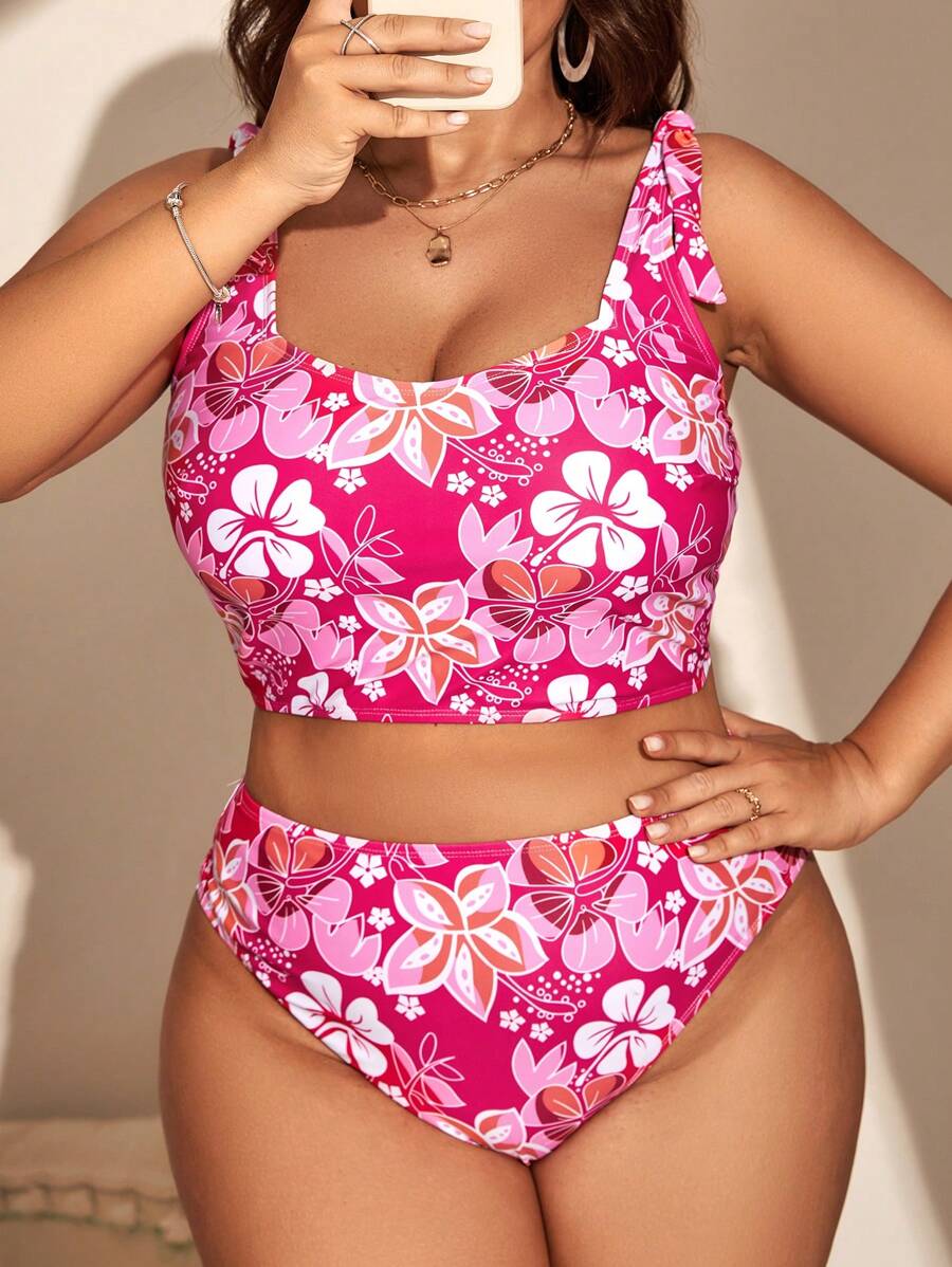 SHEIN Swim Curve 大码花卉印花高腰比基尼套装夏季海滩 - 玫紅色 - 查看 1