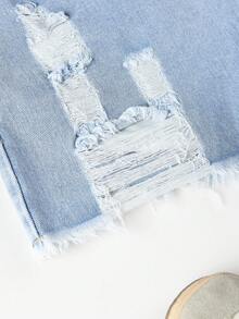 SHEIN EZwear Ripped Raw Hem Denim Shorts - Light Wash - View 8