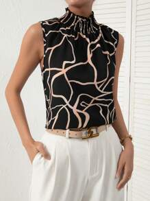 SHEIN Privé Allover Print Shirred Mock Neck Sleeveless Blouse - Black - View 1