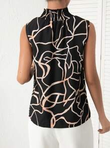 SHEIN Privé Allover Print Shirred Mock Neck Sleeveless Blouse - Black - View 2
