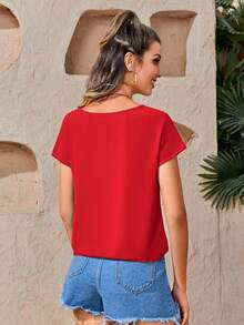 SHEIN LUNE Solid Knot Hem Batwing Sleeve Blouse - Red - View 2
