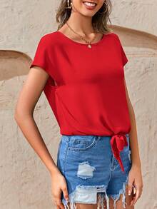 SHEIN LUNE Solid Knot Hem Batwing Sleeve Blouse - Red - View 4