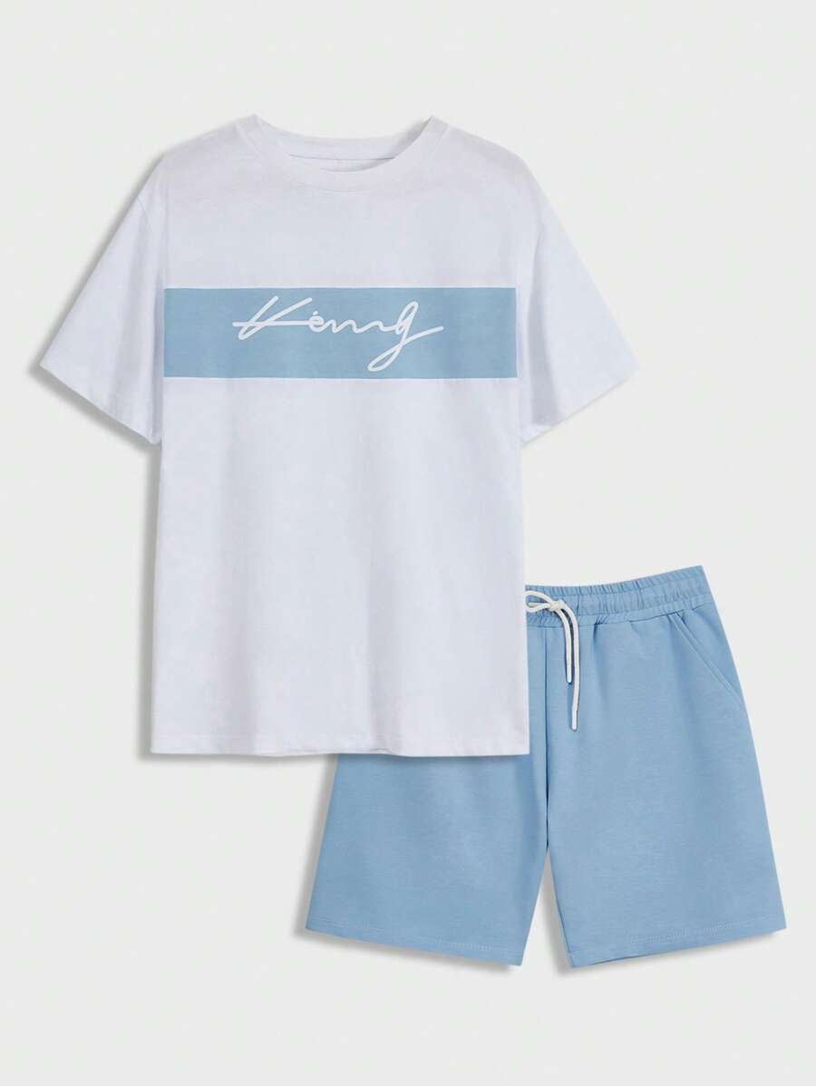 RueChic Men Letter Graphic Tee & Drawstring Waist Shorts - Blue and White - View 1