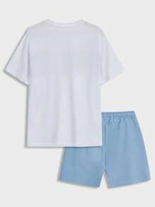 RueChic Men Letter Graphic Tee & Drawstring Waist Shorts - Blue and White - View 2