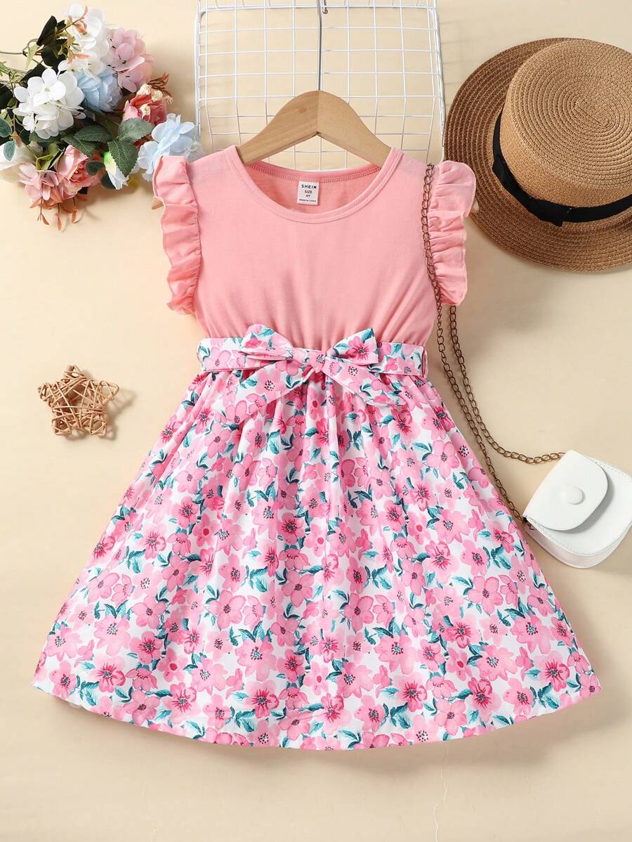 SHEIN Cô Gái Trẻ In hoa Viền Ruffle Váy có thắt lưng - Hồng - Xem 1
