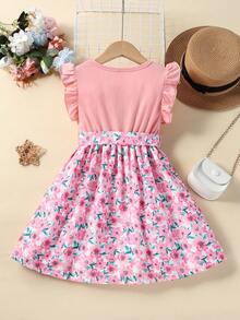 SHEIN Cô Gái Trẻ In hoa Viền Ruffle Váy có thắt lưng - Hồng - Xem 2