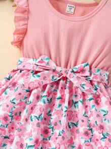 SHEIN Cô Gái Trẻ In hoa Viền Ruffle Váy có thắt lưng - Hồng - Xem 3
