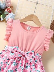 SHEIN Cô Gái Trẻ In hoa Viền Ruffle Váy có thắt lưng - Hồng - Xem 4