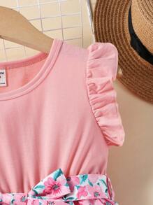 SHEIN Cô Gái Trẻ In hoa Viền Ruffle Váy có thắt lưng - Hồng - Xem 6