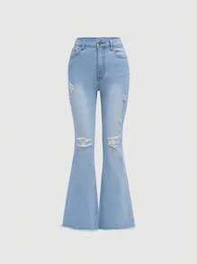 SHEIN Teen Girls Ripped Raw Hem Flare Leg Jeans - Light Wash - View 1