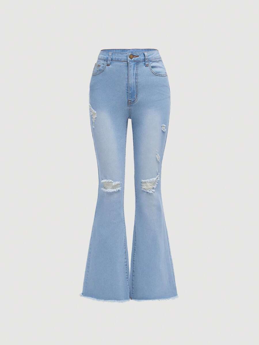 SHEIN Teen Girls Ripped Raw Hem Flare Leg Jeans - Light Wash - View 1