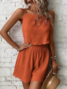 SHEIN VCAY Solid Cami Top & Wide Leg Shorts - Orange - View 4