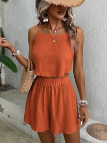 SHEIN VCAY Solid Cami Top & Wide Leg Shorts - Orange - View 5