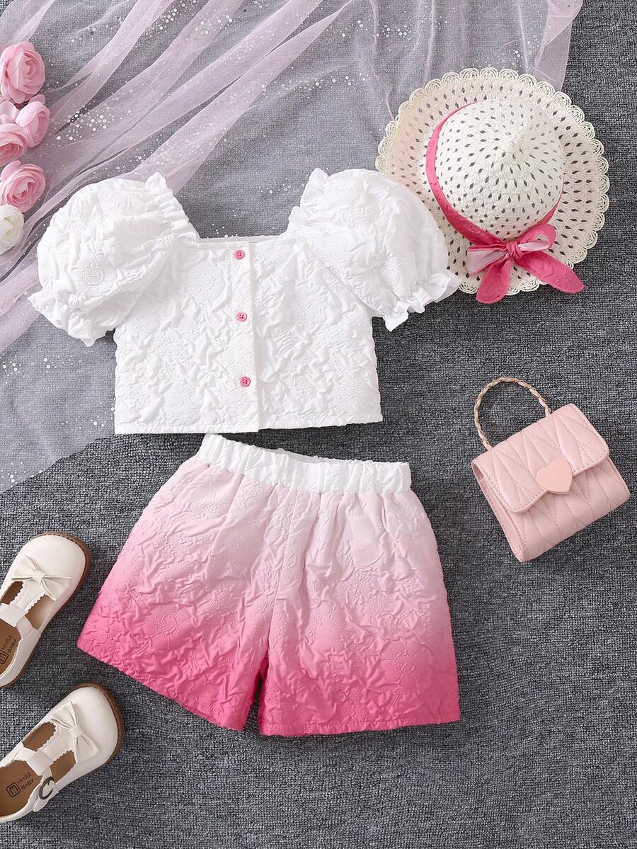 SHEIN Bộ thời trang bé gái Nơ Bướm Ombre Dễ thương - Nhiều màu - Xem 1