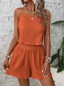 SHEIN VCAY Solid Cami Top & Wide Leg Shorts - Orange - View 6