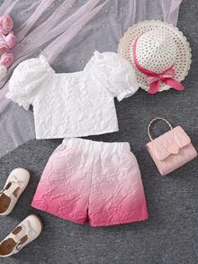 SHEIN Bộ thời trang bé gái Nơ Bướm Ombre Dễ thương - Nhiều màu - Xem 2