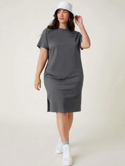 SHEIN BASICS 大碼素色下擺開叉T恤連衣裙
