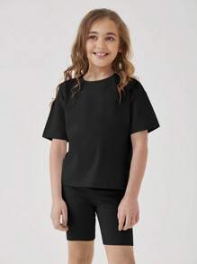 SHEIN Girls Solid Drop Shoulder Tee & Cycling Shorts - Black - View 1