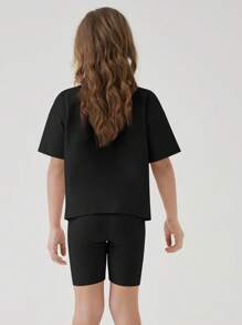 SHEIN Girls Solid Drop Shoulder Tee & Cycling Shorts - Black - View 2