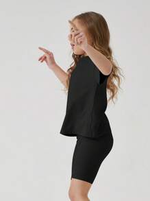 SHEIN Girls Solid Drop Shoulder Tee & Cycling Shorts - Black - View 3