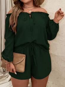 SHEIN LUNE 大碼一字肩燈籠袖上衣和前繫帶短褲 - 軍綠色 - 查看 4