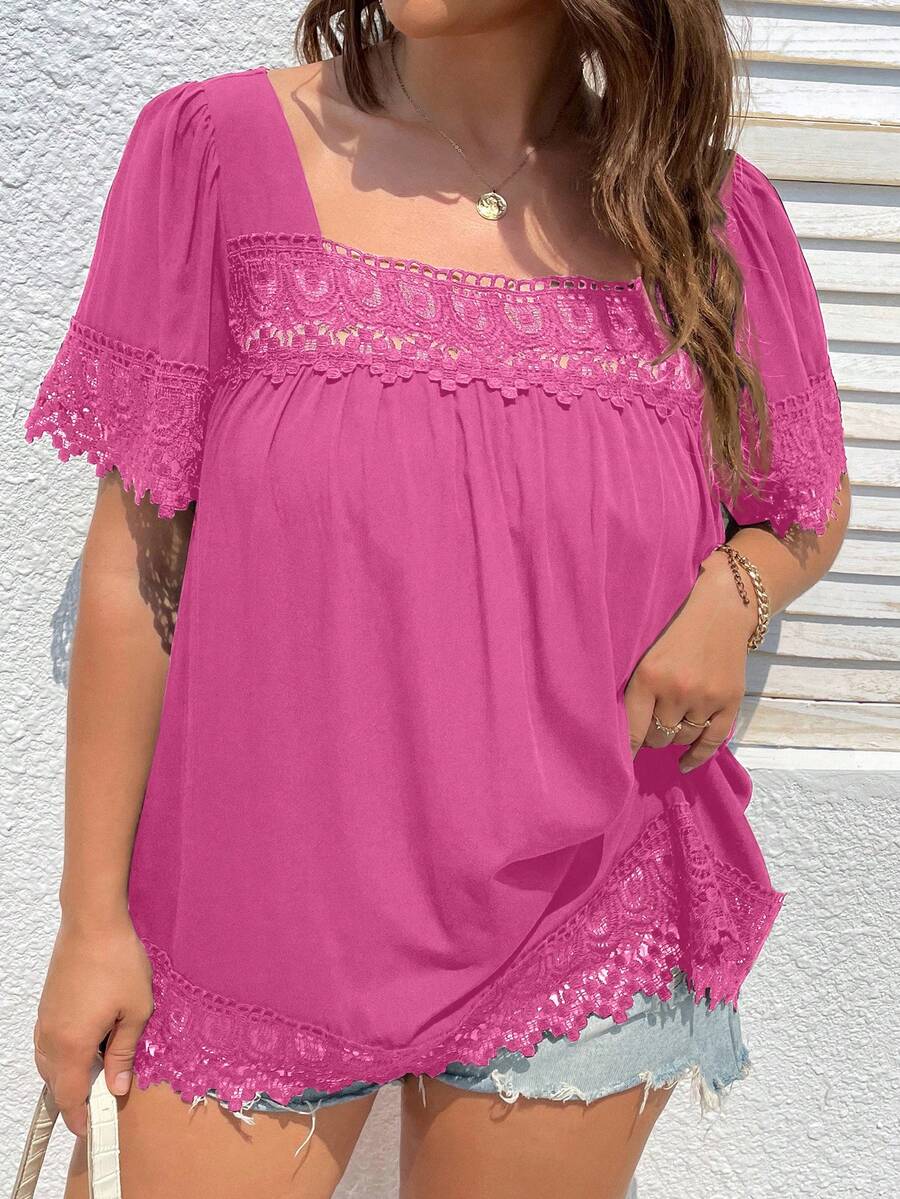 SHEIN Clasi Áo sơ mi Plus Size Tương phản ren màu trơn Giải trí - Màu Hồng Tươi - Xem 1