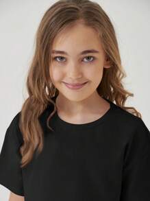 SHEIN Girls Solid Drop Shoulder Tee & Cycling Shorts - Black - View 5