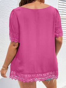 SHEIN Clasi Áo sơ mi Plus Size Tương phản ren màu trơn Giải trí - Màu Hồng Tươi - Xem 2